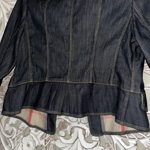 Burberry London Denim Nova Check Plaid Trim w Back Ruffle Button Up Jean Jacket - Picture 9 of 10